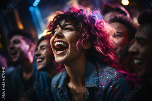 a group of diverse young friends singing at a karaoke party in a night club, laughing and having fun together, A beautiful girl sings into the microphone