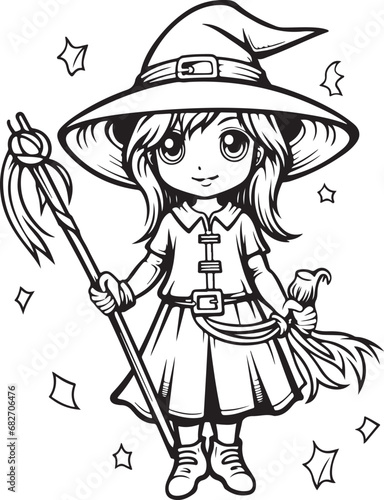halloween celebration hand drawn witch illustration for coloring book