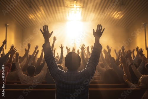 Church worship concept. Christians with raised hands pray and worship to the cross in church building. Salvation, gospel, faith, christian Easter, Good friday