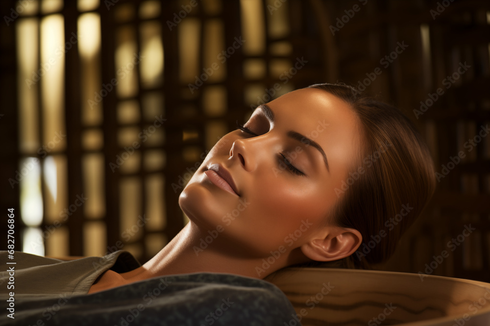 A relaxed young, natural woman in a gray robe in a beauty salon or spa & wellness. Warm lighting and a dark background.