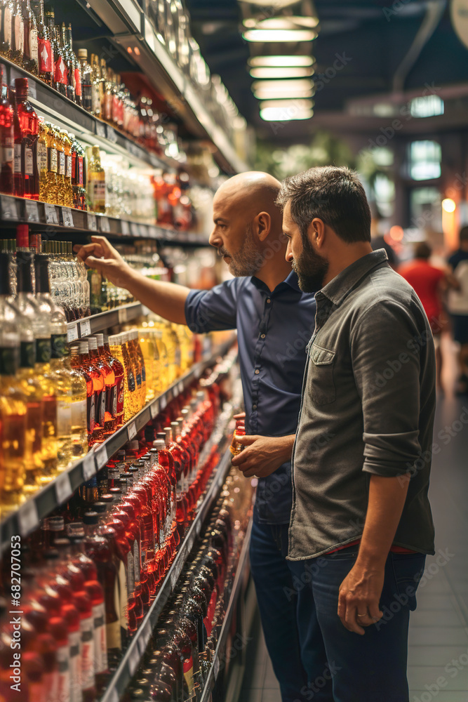 Two men looking at bottles of alcohol in a store.