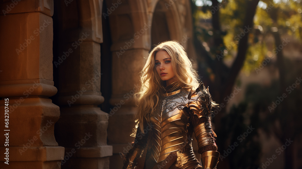  medieval beautiful blonde woman in armor against the background of a castle