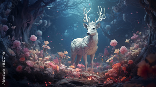  fantasy illustration of a white deer surrounded by flowers