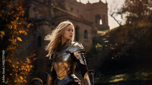  medieval beautiful blonde woman in armor against the background of a castle