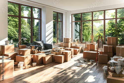A living room filled with lots of boxes packaging for moving. photo