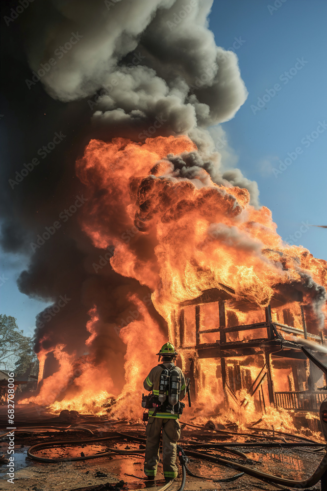 A house on fire with firemen in front of it. A burning house in flames during the day
