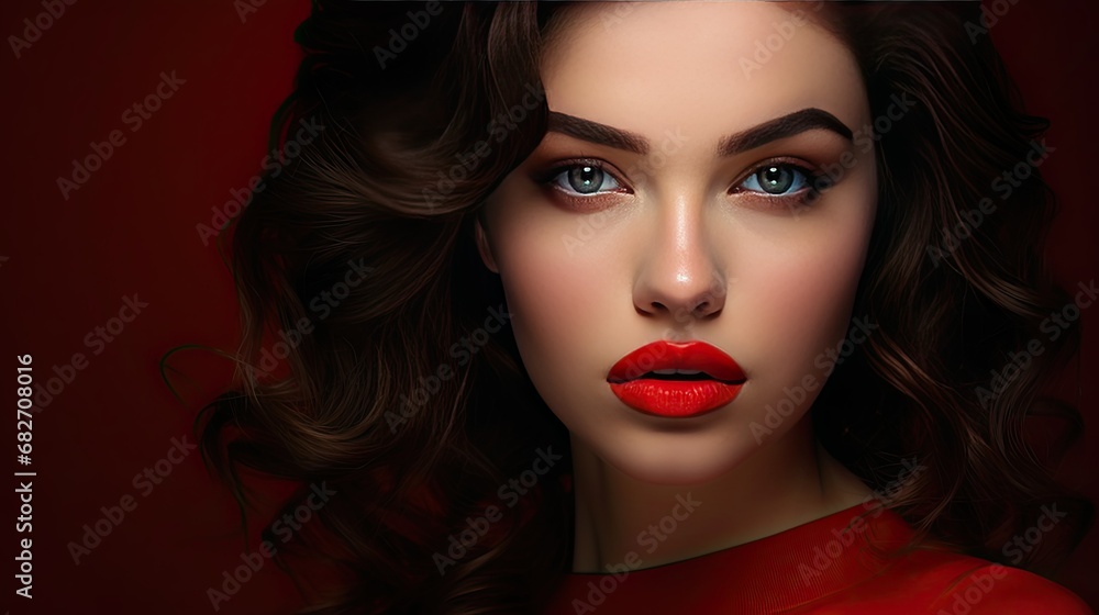 Beautiful woman colors lips with red lipstick. Makeup.