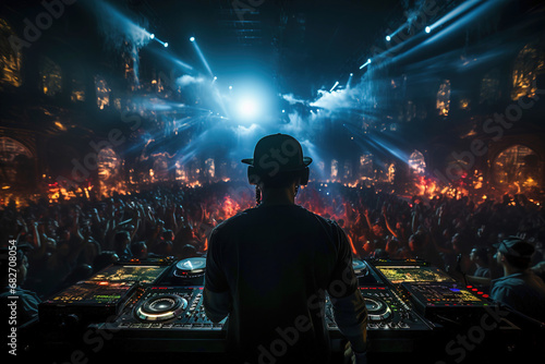 Photo of a DJ performing live at a high-energy concert, captivating a crowd with their music