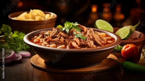 an image of a steaming bowl of spicy Mexican pozole with shredded pork and hominy photo
