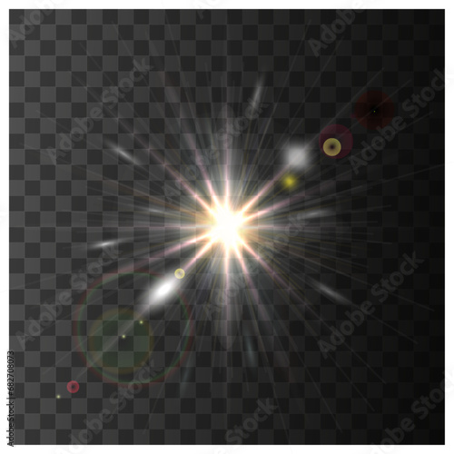 Set of realistic vector white stars png. Set of vector suns png. White flares with highlights.	