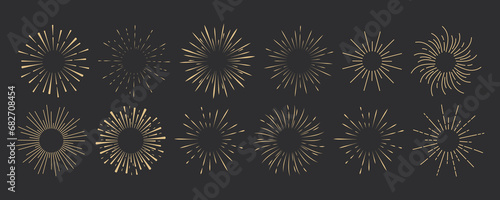 Set golden Fireworks, rays, sunburst frames circle border decoration, sparkle in doodle style, line sketch explosion isolated on dark background. photo