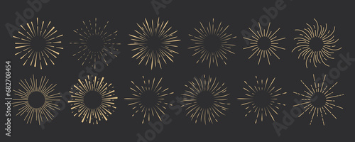 Set golden Fireworks, rays, sunburst frames circle border decoration, sparkle in doodle style, line sketch explosion isolated on dark background.