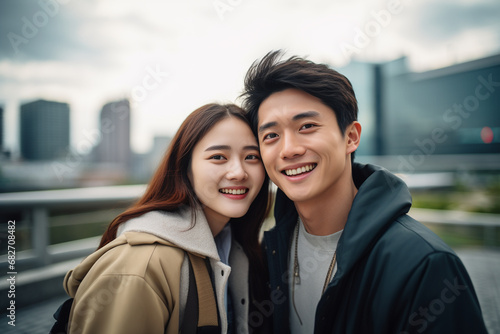 Asian couple with city skyline as background, in the style - Generative AI