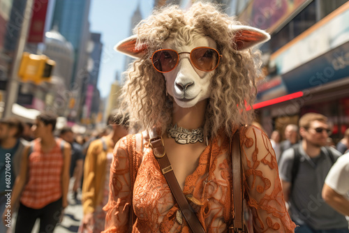 A woman wearing a sheep mask and sunglasses photo