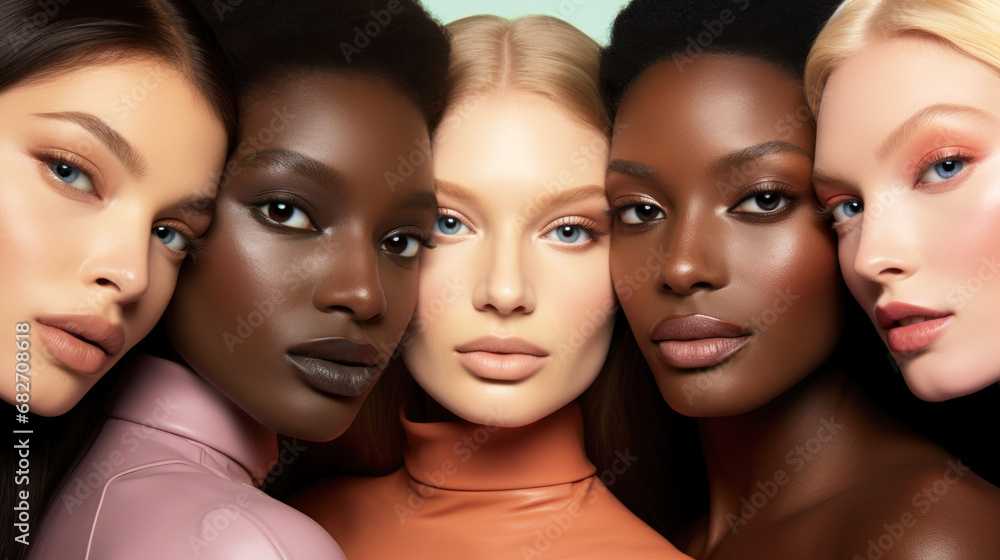 Mix of models with different skin colors. Multi ethnic and diversity women high fashion and make-up concept.
