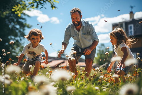 A man and kids playing in a field of flowers