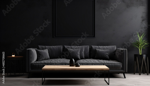 A poster mockup in a modern Living room, posters hanging on the Wall, Black background, black interior, black sofa - Generative AI
