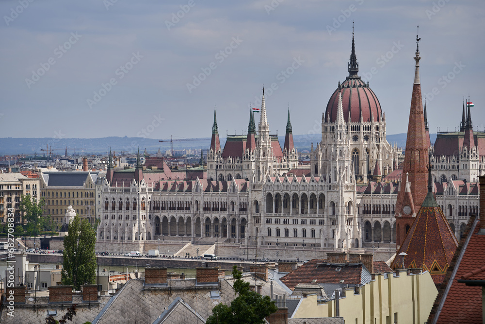 View on Hungarian Parliament Building (Hungarian: Országház) from a Fisherman's Bastion hill across Danube river. Budapest, Hungary - 7 May, 2019