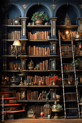 Bookshelf filled with a variety of books in a cozy home library.