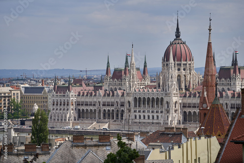 View on Hungarian Parliament Building (Hungarian: Országház) from a Fisherman's Bastion hill across Danube river. Budapest, Hungary - 7 May, 2019