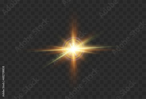 Set of realistic vector gold stars png. Set of vector suns png. Golden flares with highlights.