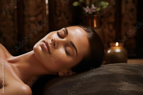 A relaxed woman with closed eyes in a spa & wellness zone or rejuvenation room, bathed in ambient warm candlelight