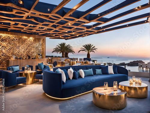 Luxury and opulence beach club / beach restaurant / beach bar in a rich futuristic retro design of the 1950s in all shades of blue with golden elements in a mediterranean beachfront setting at sunset