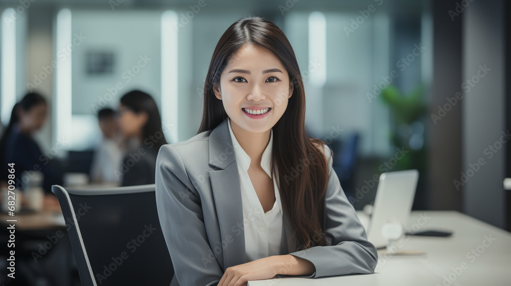 Asian businesswoman smiling at meeting table - Generative AI Asian businesswoman smiling at meeting table - Generative AI