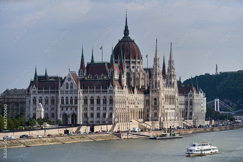 The most popular tourist landmark in Budapest, Hungarian Parliament Building (Hungarian: Országház) on bank of river Danube. Budapest, Hungary - 7 May, 2019