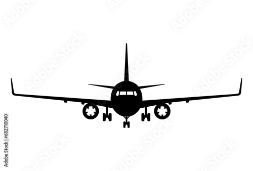 Airplane front black silhouette clipart isolated on white. Flat shape in stencil style. Simple vector picture for aircraft and civil aviation illustration, transport or air travel design, print.