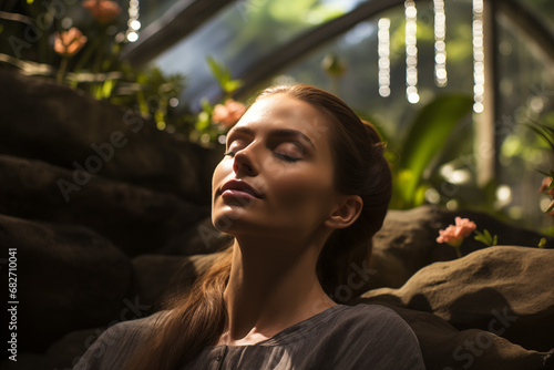 A relaxed, natural woman unwinding in a beauty salon or spa & wellness area, surrounded by green plants and flowers, rest and life balance.