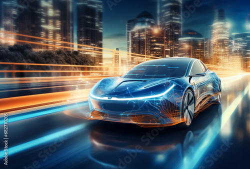 Autonomous car with touch sensors in a futuristic style. A smart vehicle with motion sensors for safe driving. Vector illustration of a holographic transport photo