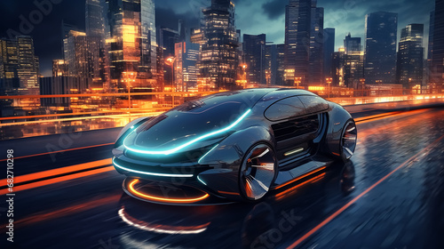 Autonomous car with touch sensors in a futuristic style. A smart vehicle with motion sensors for safe driving. Vector illustration of a holographic transport