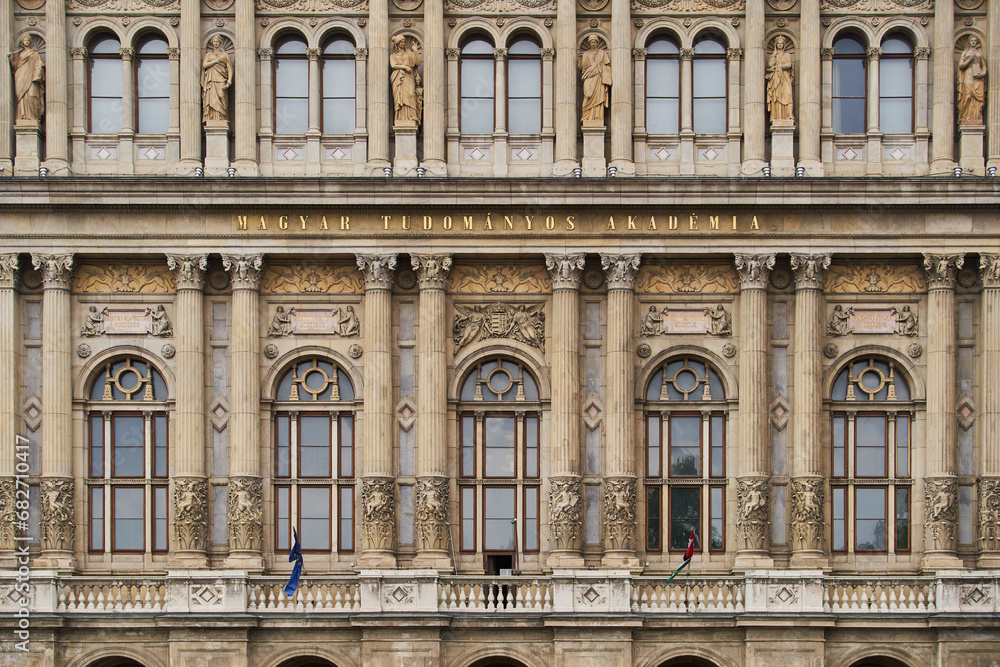 Hungarian Academy of Sciences (Hungarian: Magyar Tudományos Akadémia) building. Budapest, Hungary - 7 May, 2019