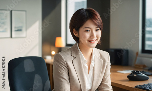 オフィスワーカー　笑顔のアジア人女性　OL　電話オペレーター　CEO　