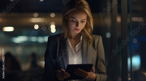 Cropped shot of a young businesswoman working late on a digital tablet in an office - Generative AI
