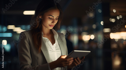 Cropped shot of a young businesswoman working late on a digital tablet in an office - Generative AI