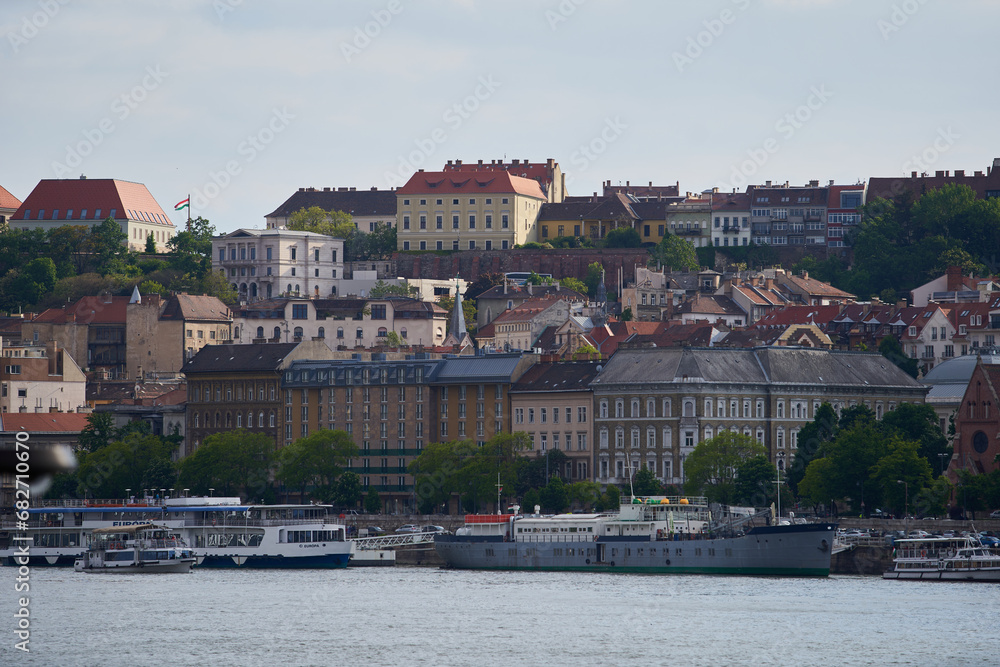 Cityscape of Budapest and Danube river waterfront in spring season. Budapest, Hungary - 7 May, 2019