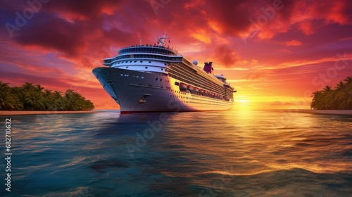 Cruise ship sailing towards tropical sunset.