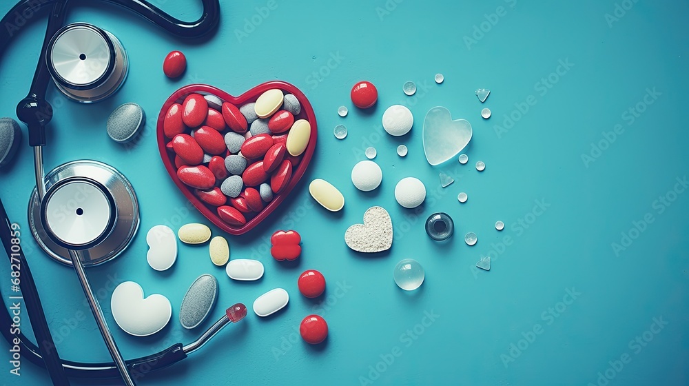 stethoscope red heart assorted pills and medical equipment - obrazy, fototapety, plakaty 