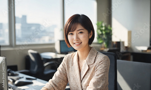 オフィスワーカー　笑顔のアジア人女性　OL　電話オペレーター　CEO　