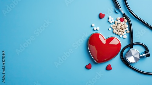 stethoscope red heart assorted pills and medical equipment photo