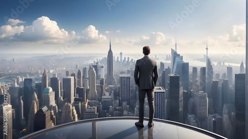 Businessman standing on top of a skyscraper and looking at the city photo