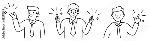 single black line illustration of man explaining point. vector