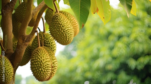 Fresh durian on the durian tree in the garden photo