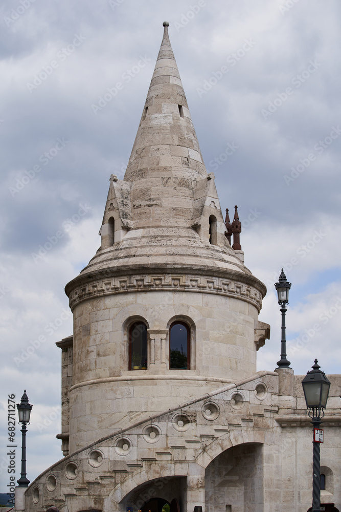 Tower of Fisherman's Bastion (Hungarian: Halászbástya). Budapest, Hungary - 7 May, 2019