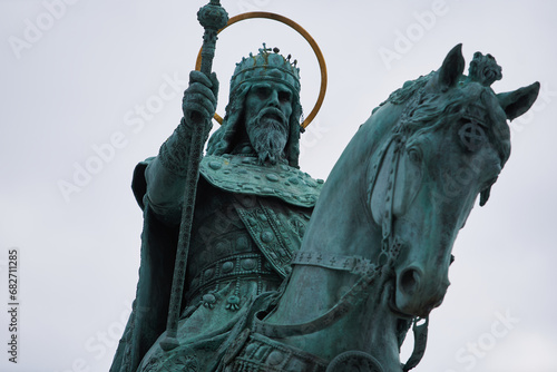 Bronze statue of Stephen I on horse, known as King Saint Stephen (Hungarian: Szent István király) at Fisherman's Bastion (Hungarian: Halászbástya). Budapest, Hungary - 7 May, 2019 photo