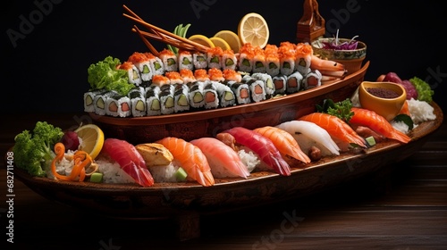 an image of a sushi boat with a variety of sushi and sashim