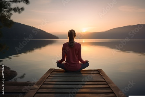 Woman sitting on lotus pose of meditation early morning, at sunset time outdoor