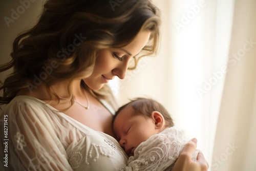 Portrait mom with her newborn child closeup. Feelings of motherhood.
